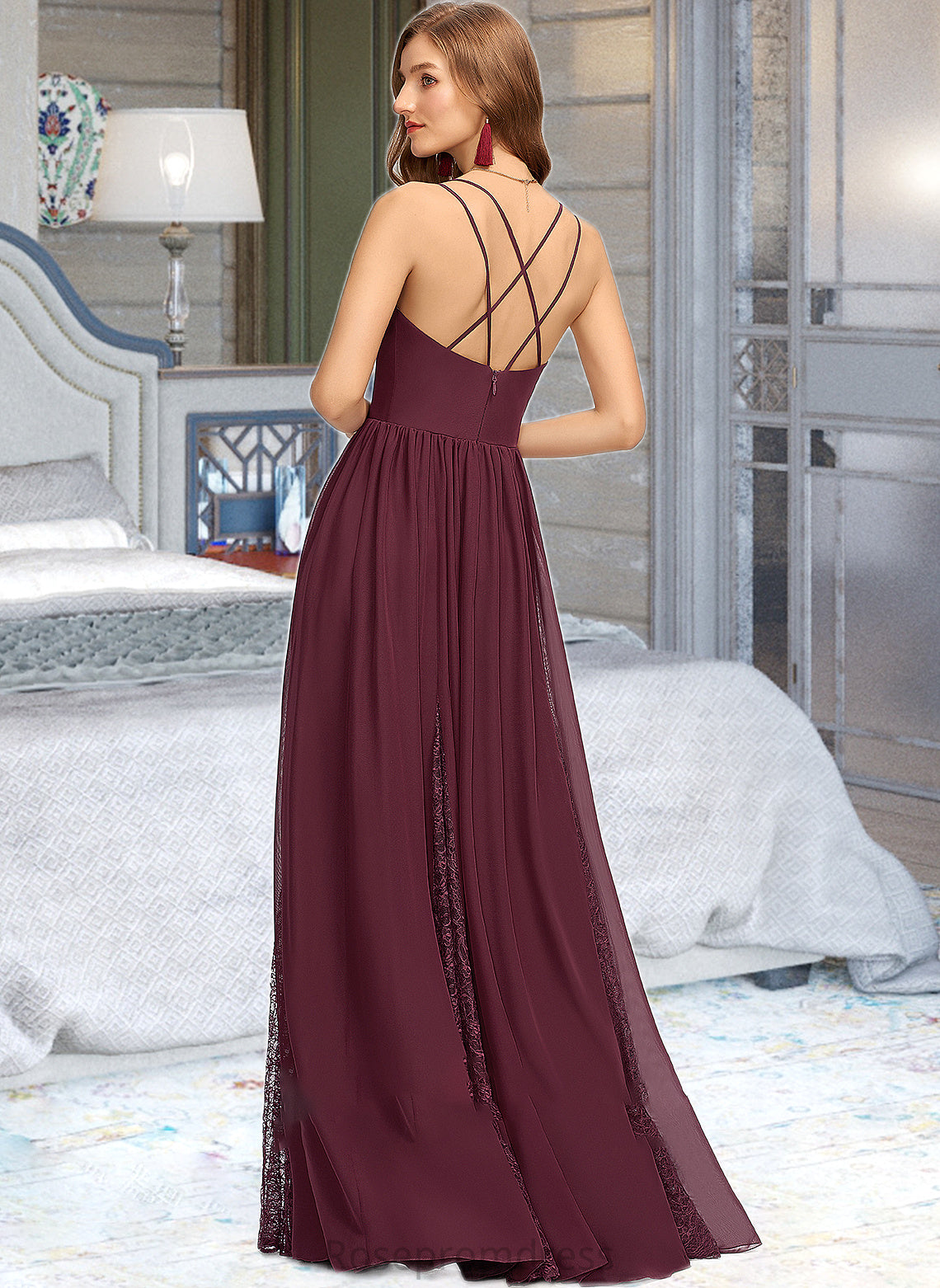 Tracy A-Line V-neck Floor-Length Chiffon Lace Bridesmaid Dress SRSP0013268