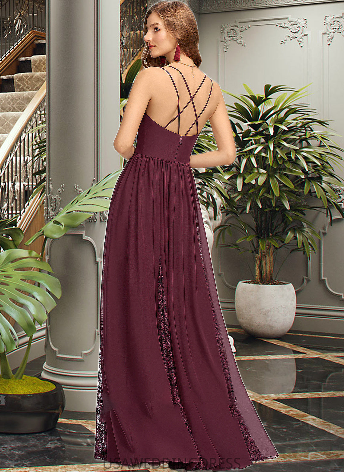 Jordyn A-Line V-neck Floor-Length Chiffon Lace Bridesmaid Dress DSP0013268