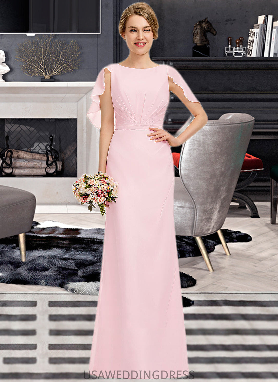 Allison A-Line Scoop Neck Floor-Length Chiffon Bridesmaid Dress With Cascading Ruffles DSP0013269