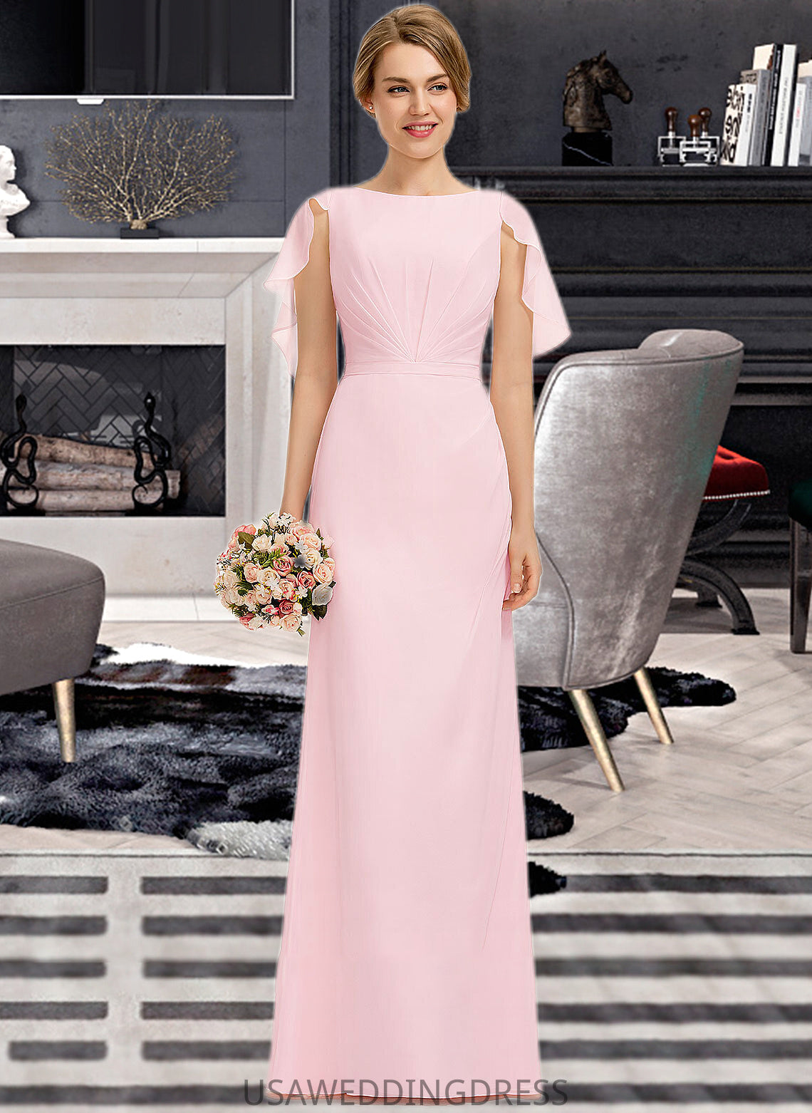 Allison A-Line Scoop Neck Floor-Length Chiffon Bridesmaid Dress With Cascading Ruffles DSP0013269