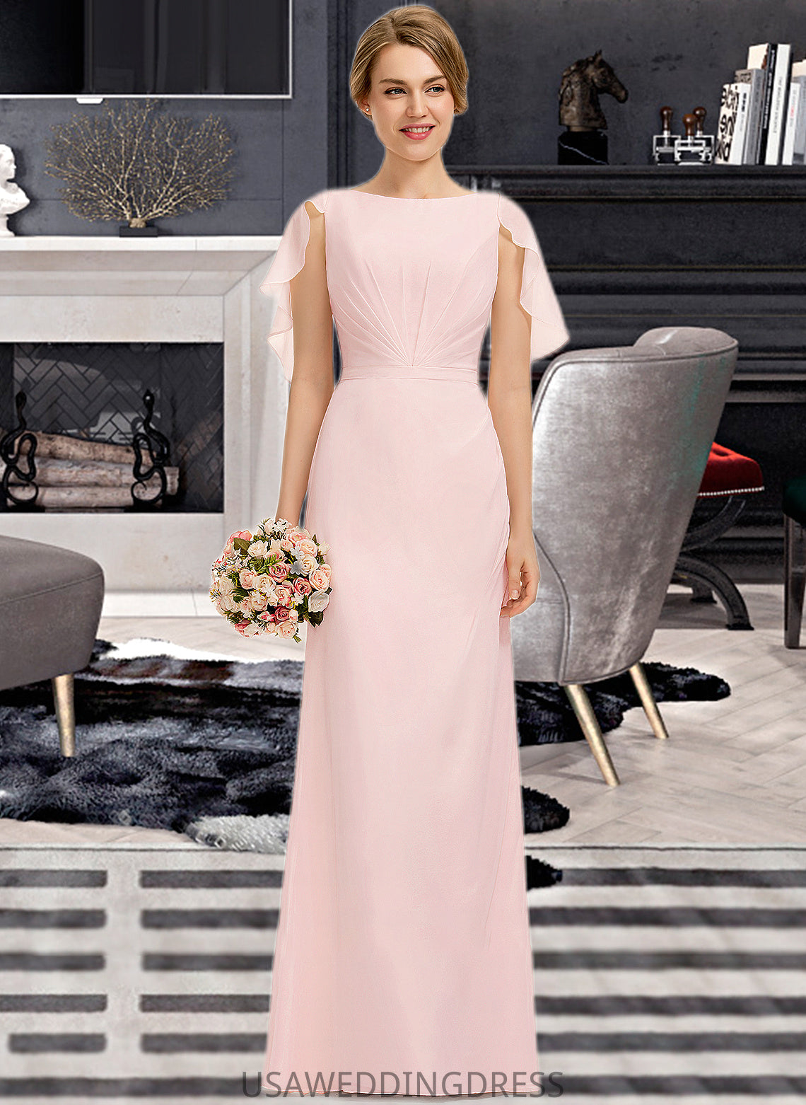 Allison A-Line Scoop Neck Floor-Length Chiffon Bridesmaid Dress With Cascading Ruffles DSP0013269