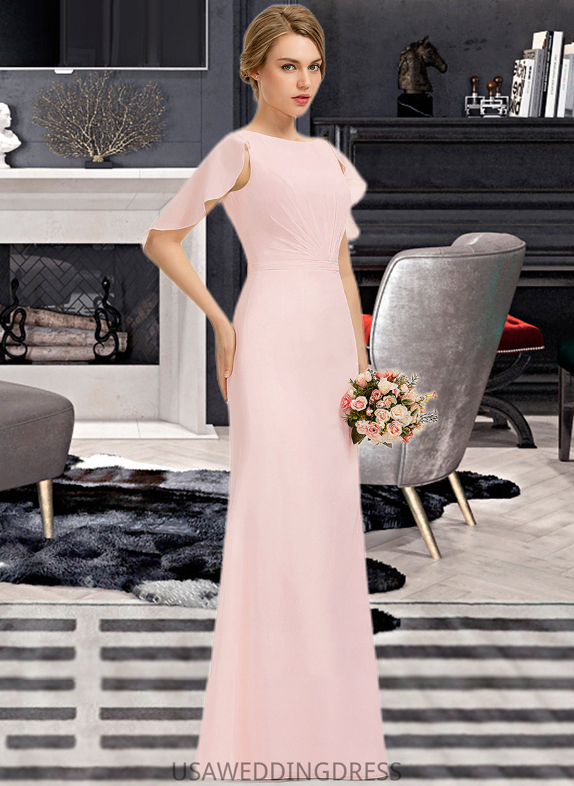 Allison A-Line Scoop Neck Floor-Length Chiffon Bridesmaid Dress With Cascading Ruffles DSP0013269