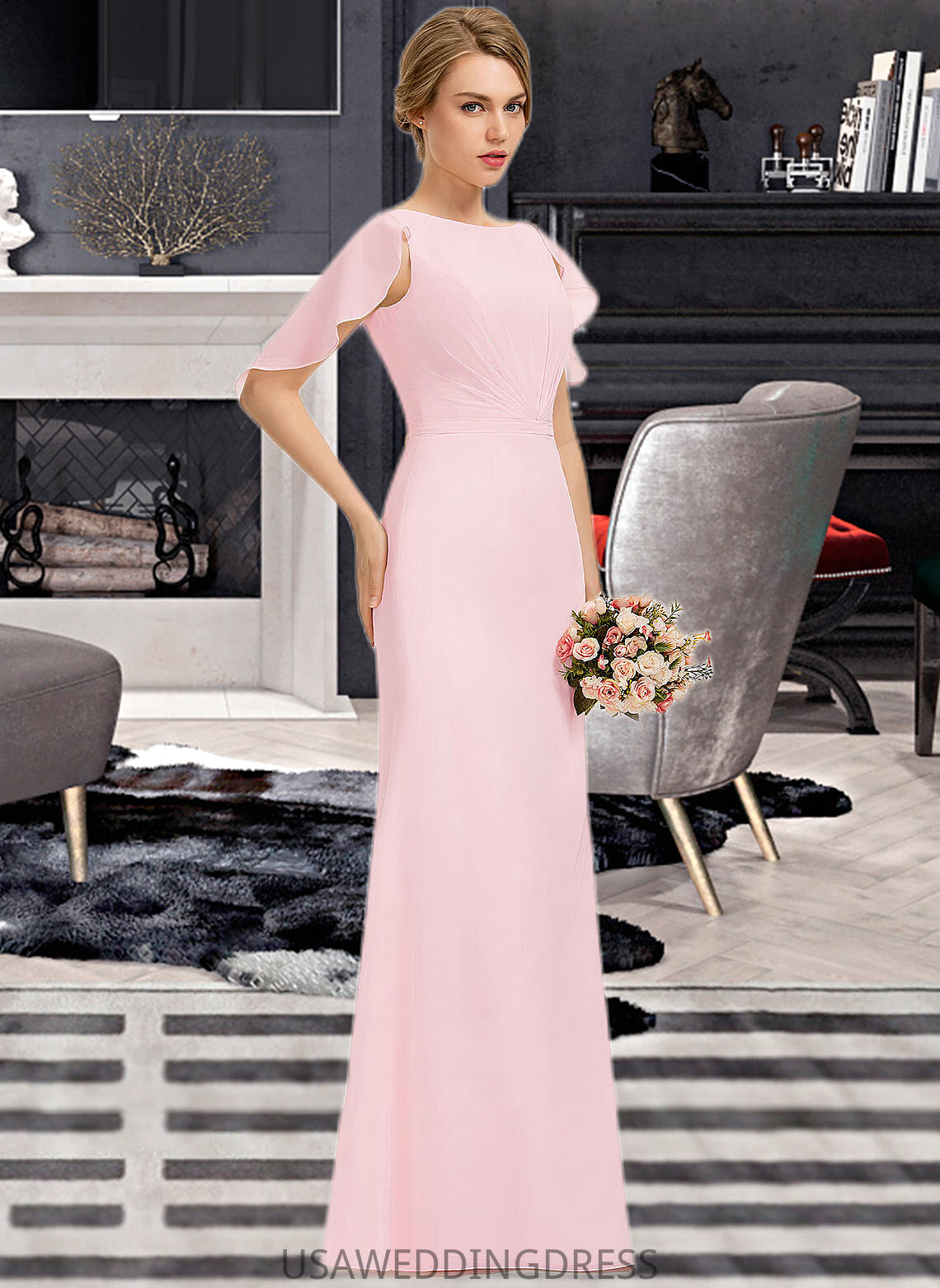 Allison A-Line Scoop Neck Floor-Length Chiffon Bridesmaid Dress With Cascading Ruffles DSP0013269