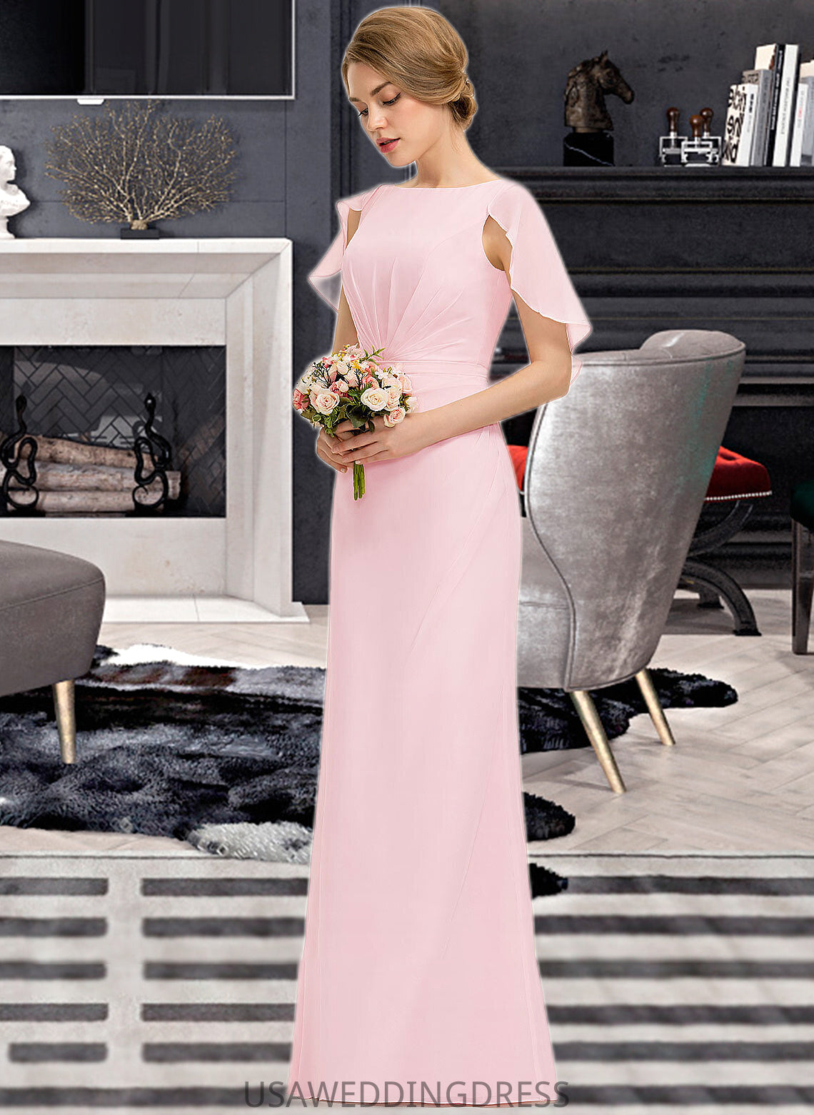Allison A-Line Scoop Neck Floor-Length Chiffon Bridesmaid Dress With Cascading Ruffles DSP0013269