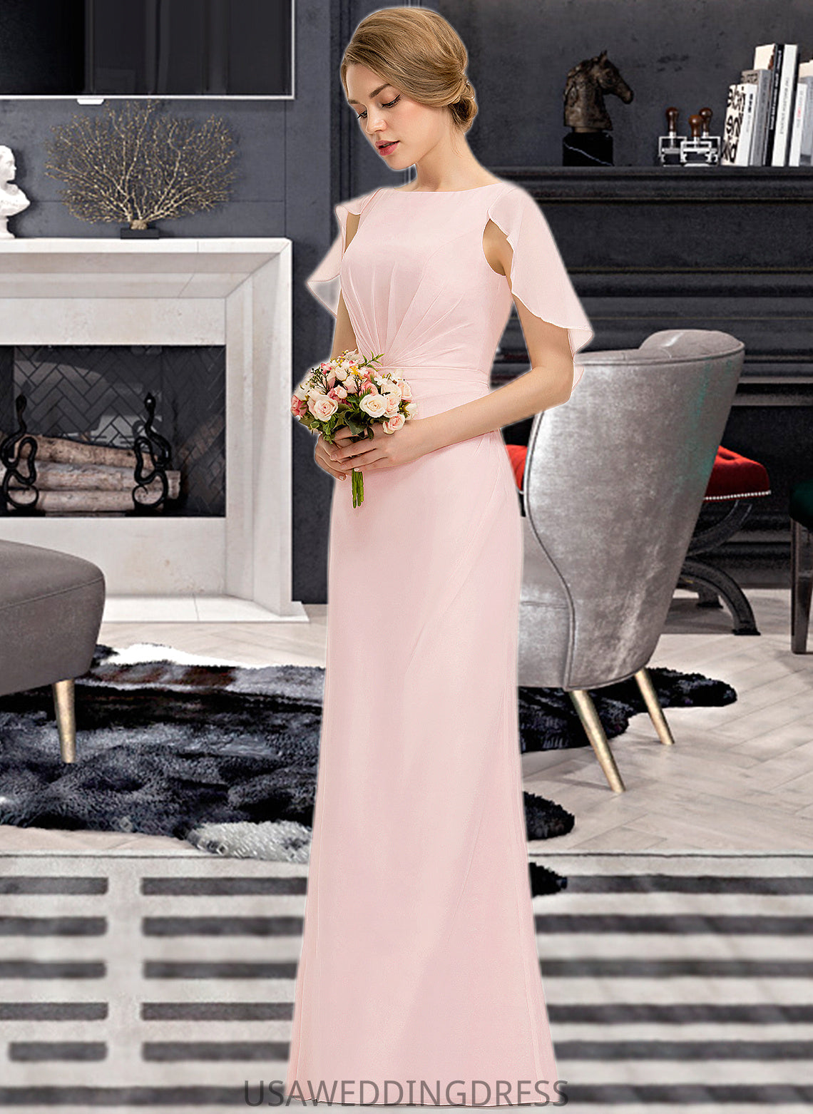 Allison A-Line Scoop Neck Floor-Length Chiffon Bridesmaid Dress With Cascading Ruffles DSP0013269