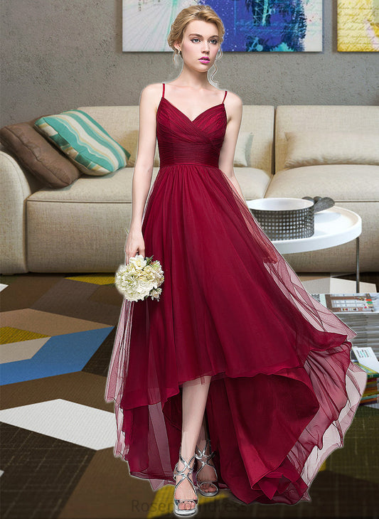 June A-Line V-neck Asymmetrical Tulle Bridesmaid Dress SRSP0013270