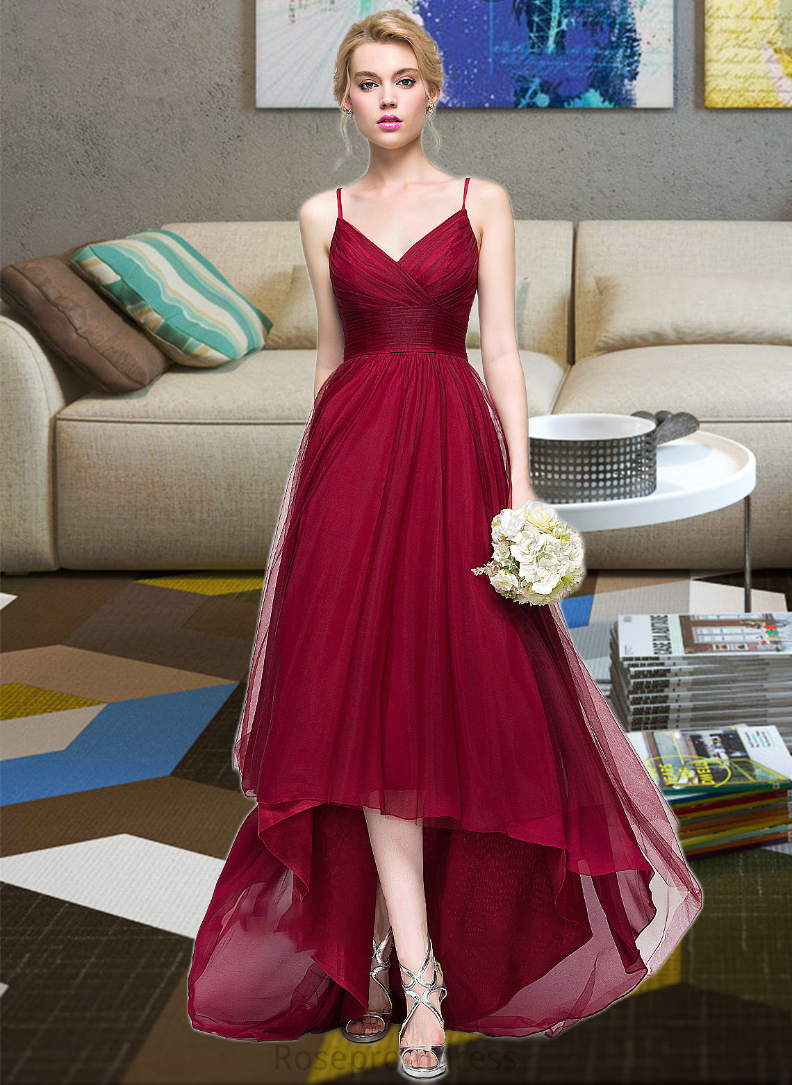 June A-Line V-neck Asymmetrical Tulle Bridesmaid Dress SRSP0013270