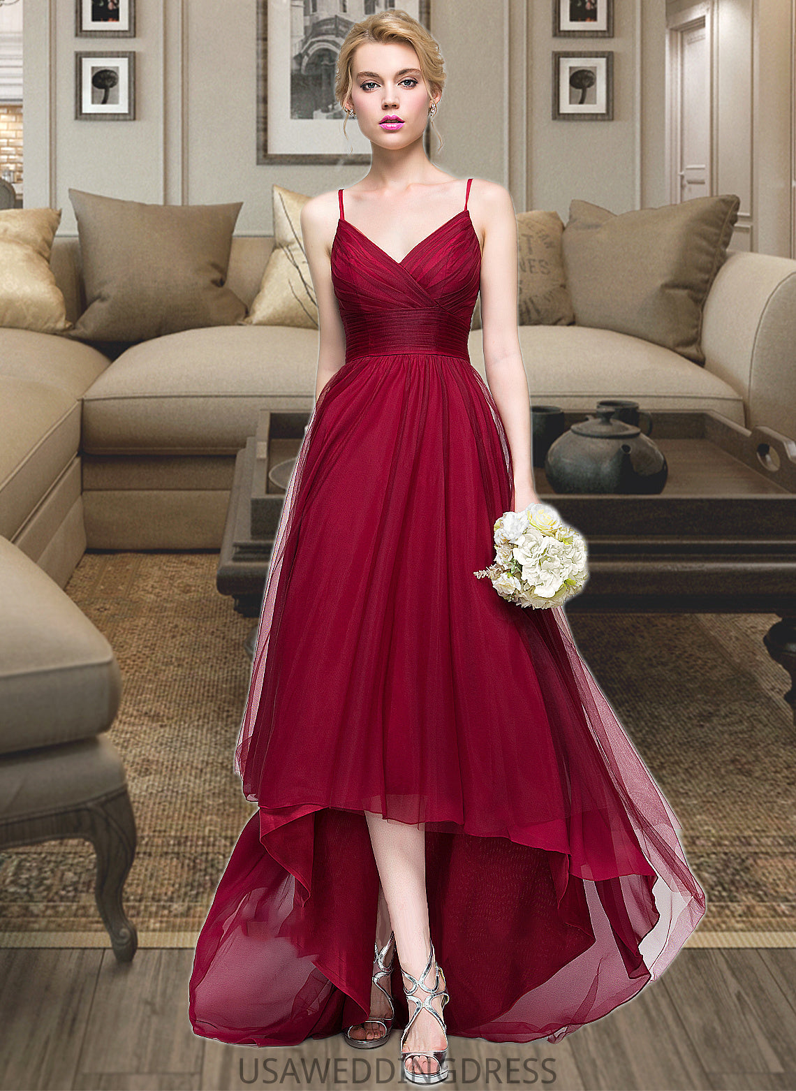 Shyann A-Line V-neck Asymmetrical Tulle Bridesmaid Dress DSP0013270