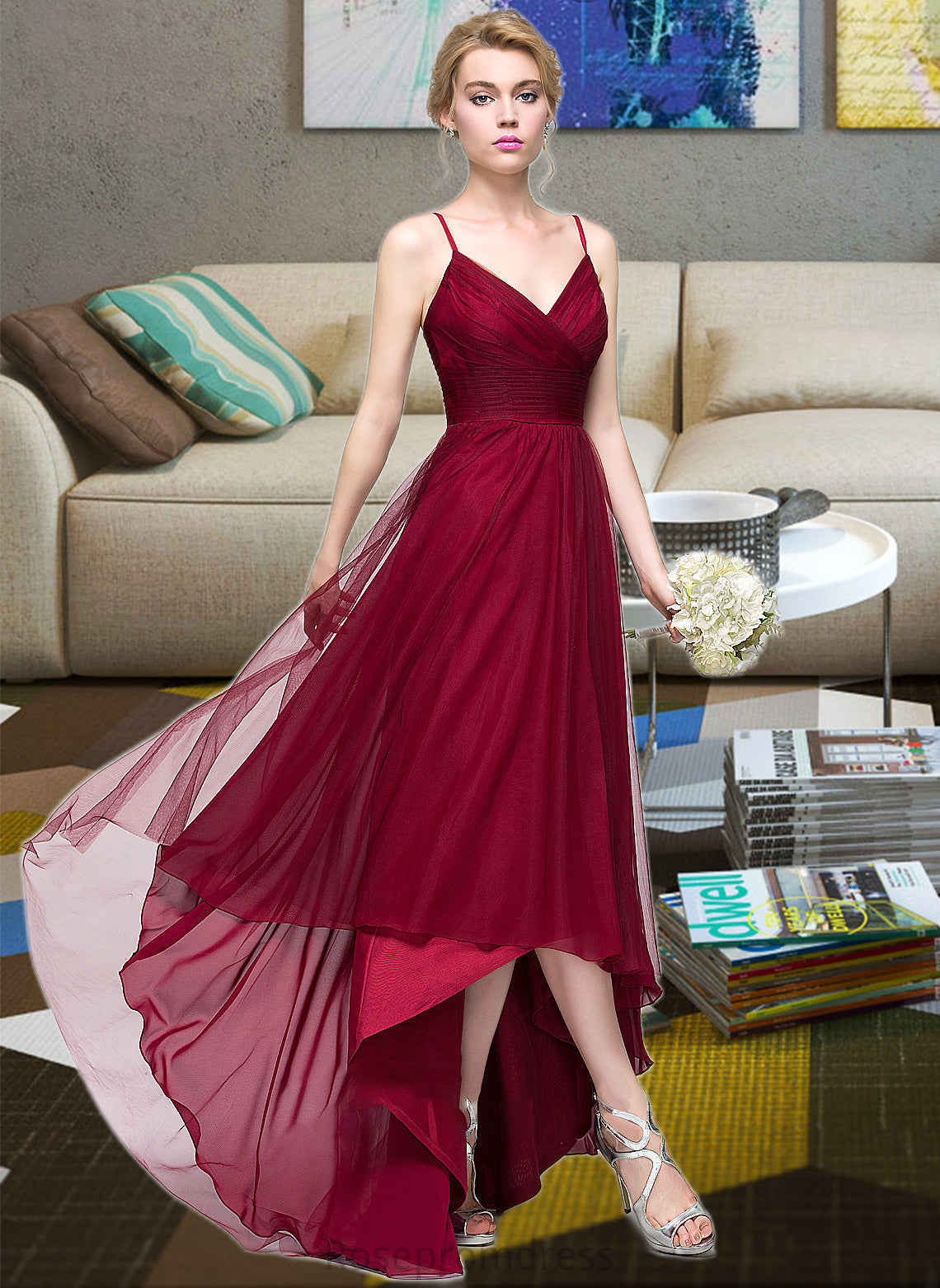June A-Line V-neck Asymmetrical Tulle Bridesmaid Dress SRSP0013270