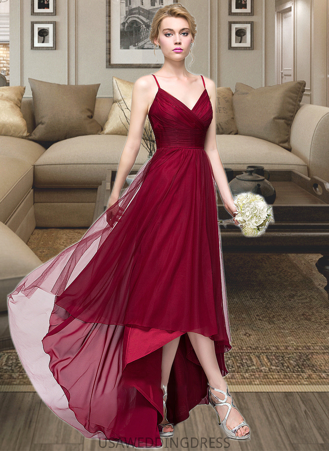 Shyann A-Line V-neck Asymmetrical Tulle Bridesmaid Dress DSP0013270