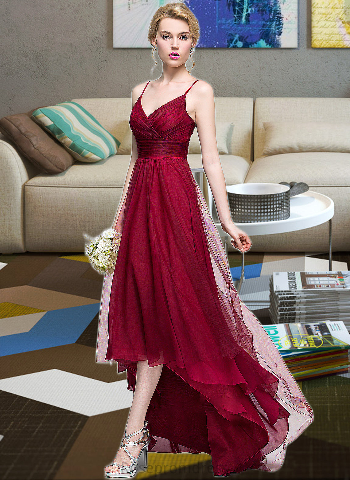 June A-Line V-neck Asymmetrical Tulle Bridesmaid Dress SRSP0013270
