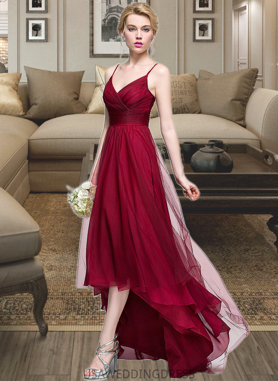 Shyann A-Line V-neck Asymmetrical Tulle Bridesmaid Dress DSP0013270