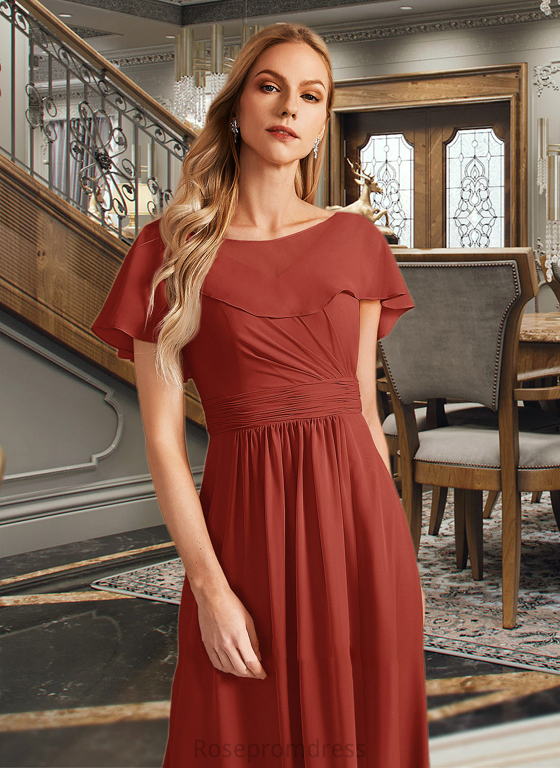 Serena A-Line High Neck Floor-Length Bridesmaid Dress With Ruffle Split Front SRSP0013271