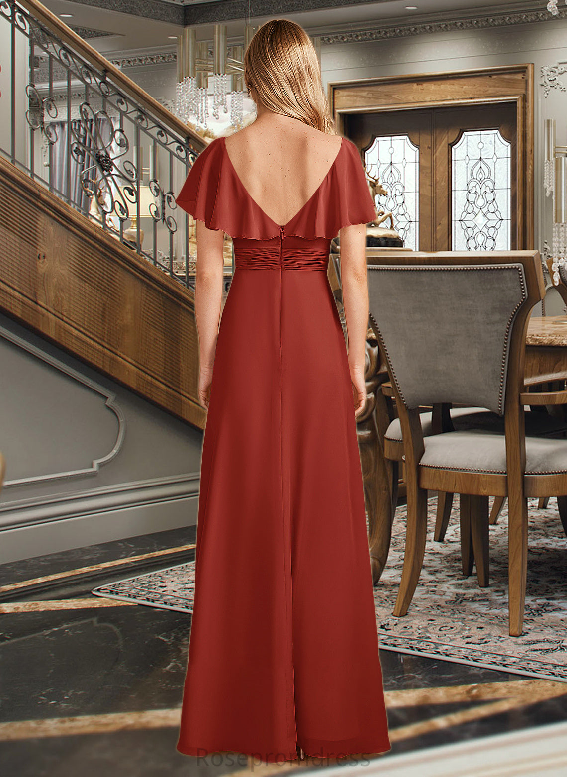 Serena A-Line High Neck Floor-Length Bridesmaid Dress With Ruffle Split Front SRSP0013271