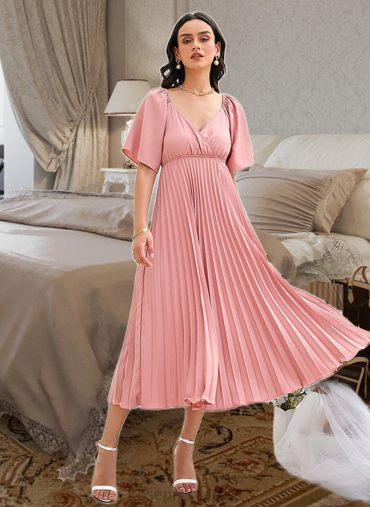 Danika A-LineV-neckTea-LengthBridesmaidDressWithPleated#273656 SRSP0013273