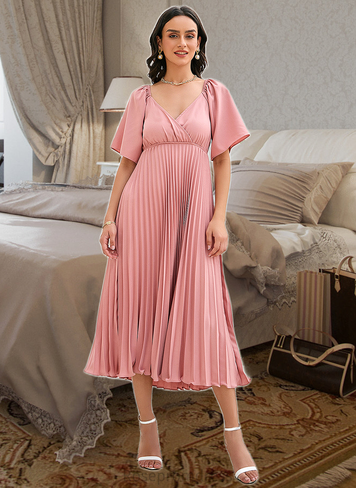 Danika A-LineV-neckTea-LengthBridesmaidDressWithPleated#273656 SRSP0013273