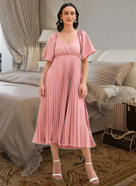 Danika A-LineV-neckTea-LengthBridesmaidDressWithPleated#273656 SRSP0013273