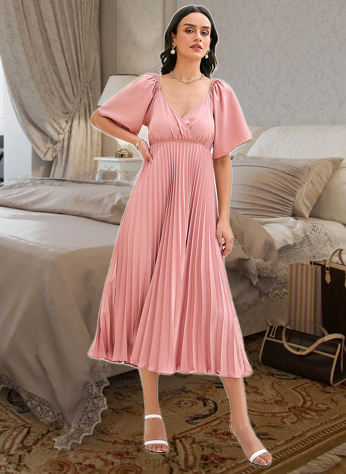 Danika A-LineV-neckTea-LengthBridesmaidDressWithPleated#273656 SRSP0013273