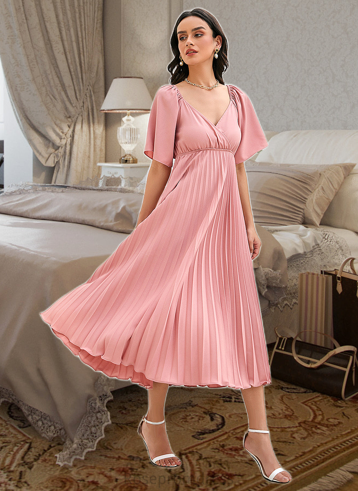 Danika A-LineV-neckTea-LengthBridesmaidDressWithPleated#273656 SRSP0013273