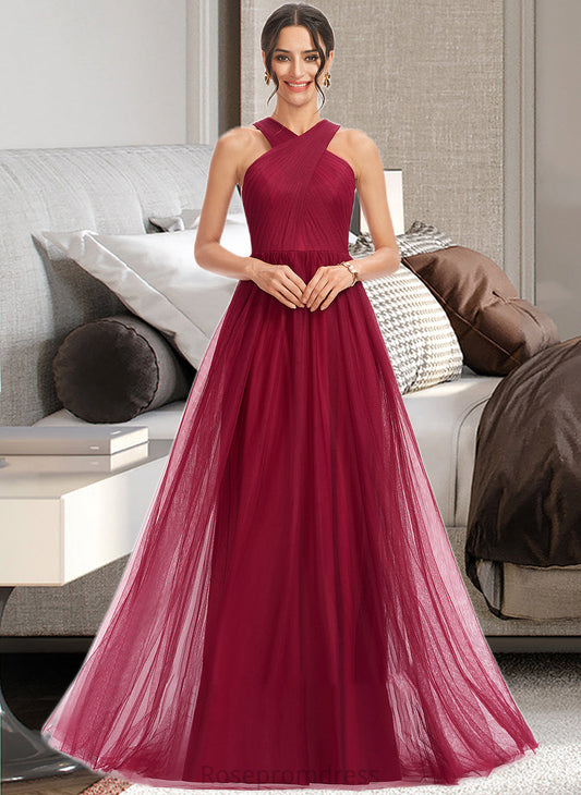 Juliet A-Line Halter Floor-Length Bridesmaid Dress With Ruffle SRSP0013274