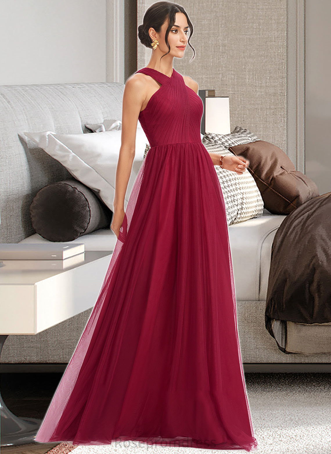 Juliet A-Line Halter Floor-Length Bridesmaid Dress With Ruffle SRSP0013274