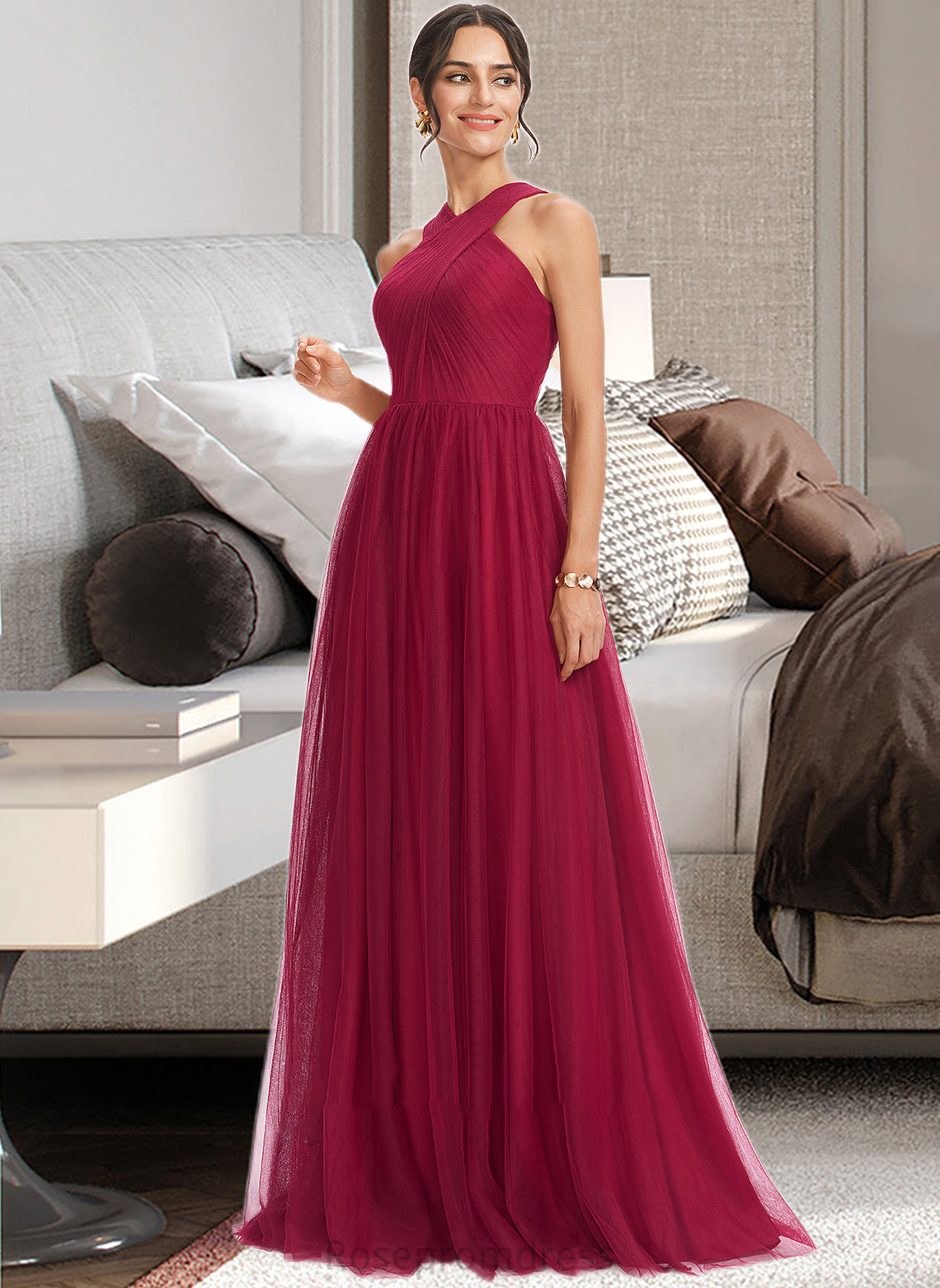 Juliet A-Line Halter Floor-Length Bridesmaid Dress With Ruffle SRSP0013274