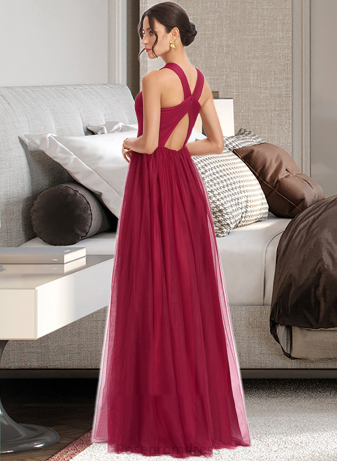 Juliet A-Line Halter Floor-Length Bridesmaid Dress With Ruffle SRSP0013274