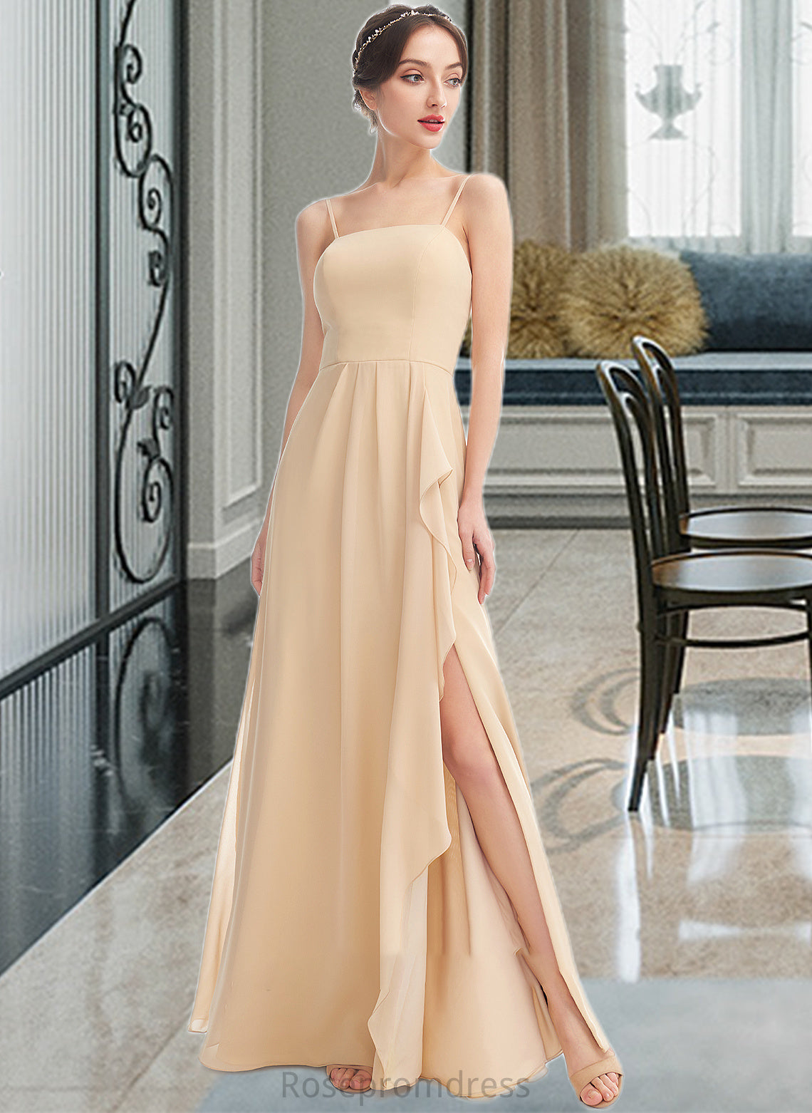 Addyson A-Line Square Neckline Floor-Length Bridesmaid Dress With Split Front SRSP0013275