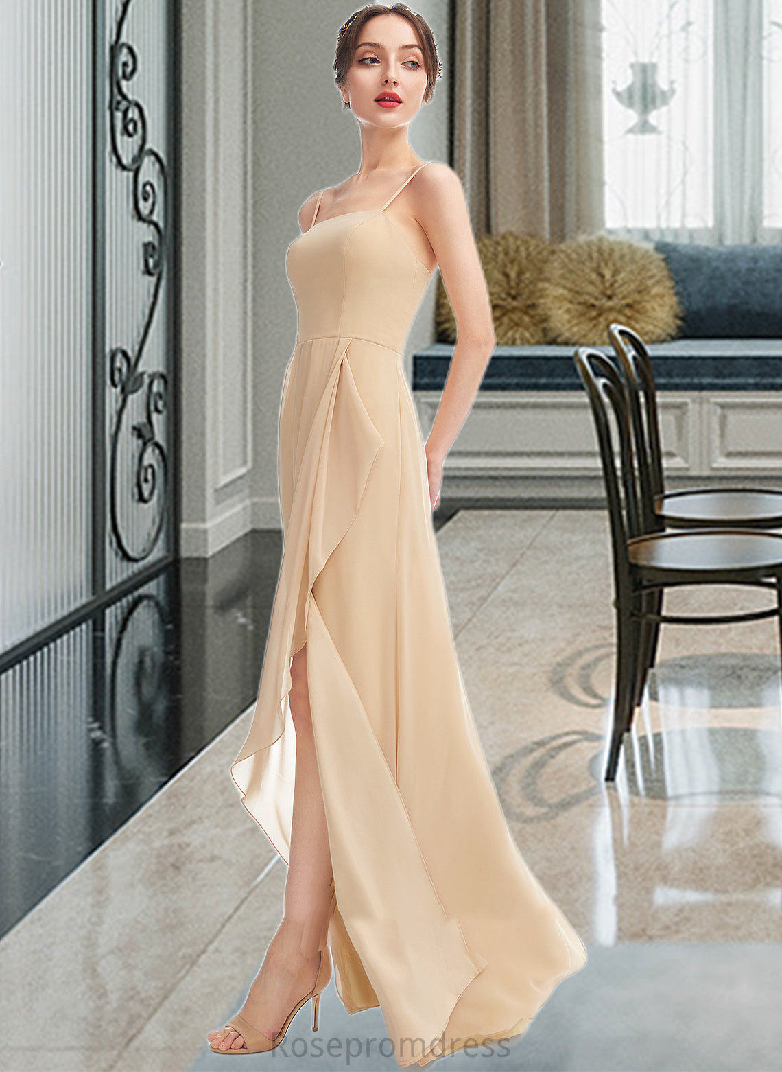 Addyson A-Line Square Neckline Floor-Length Bridesmaid Dress With Split Front SRSP0013275