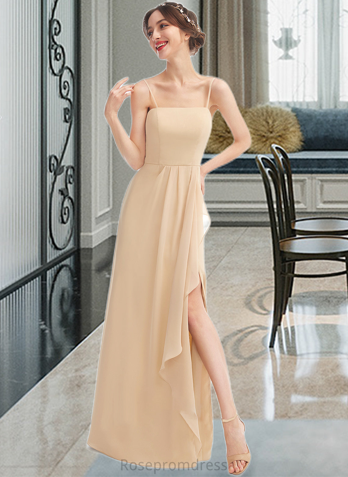 Addyson A-Line Square Neckline Floor-Length Bridesmaid Dress With Split Front SRSP0013275