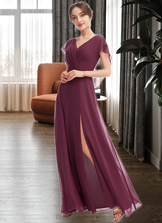 Shiloh A-Line V-neck Floor-Length Bridesmaid Dress With Ruffle Split Front SRSP0013276