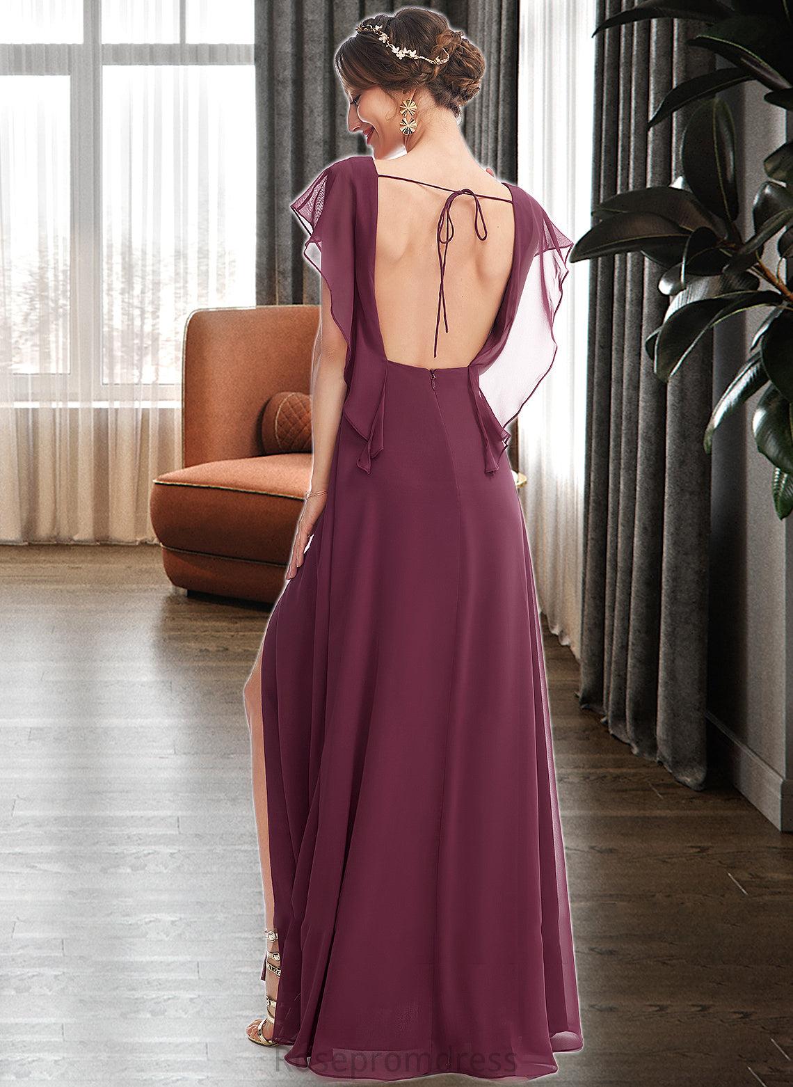 Shiloh A-Line V-neck Floor-Length Bridesmaid Dress With Ruffle Split Front SRSP0013276