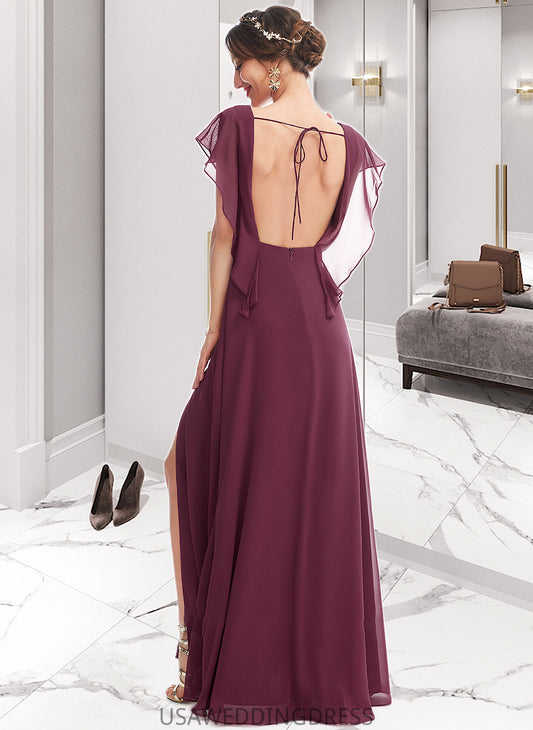 Adrianna A-Line V-neck Floor-Length Bridesmaid Dress With Ruffle Split Front DSP0013276