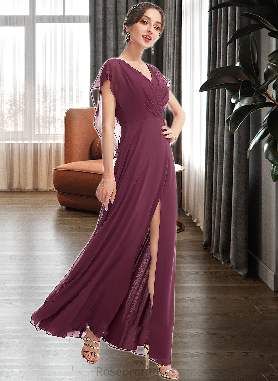 Shiloh A-Line V-neck Floor-Length Bridesmaid Dress With Ruffle Split Front SRSP0013276