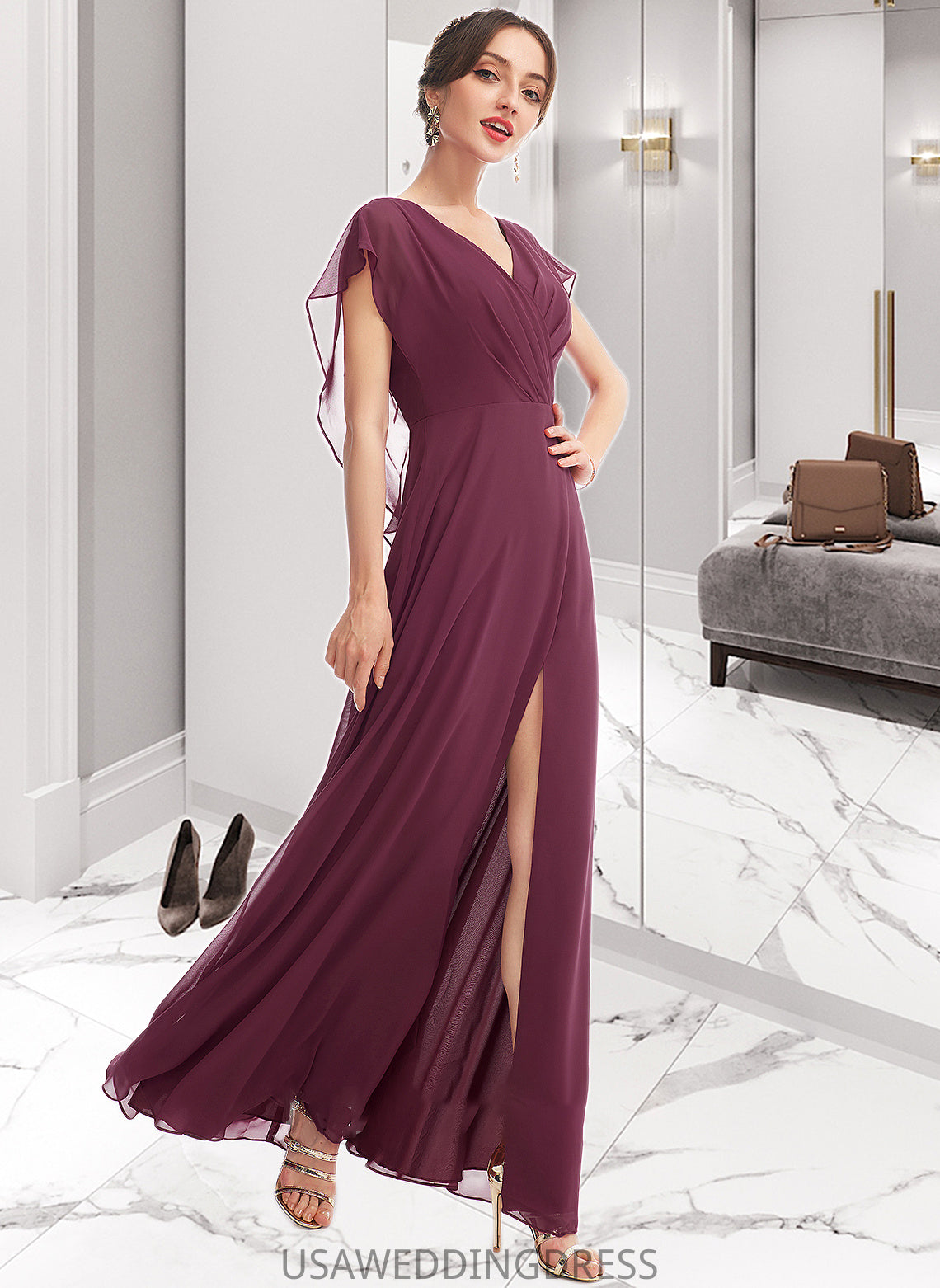 Adrianna A-Line V-neck Floor-Length Bridesmaid Dress With Ruffle Split Front DSP0013276