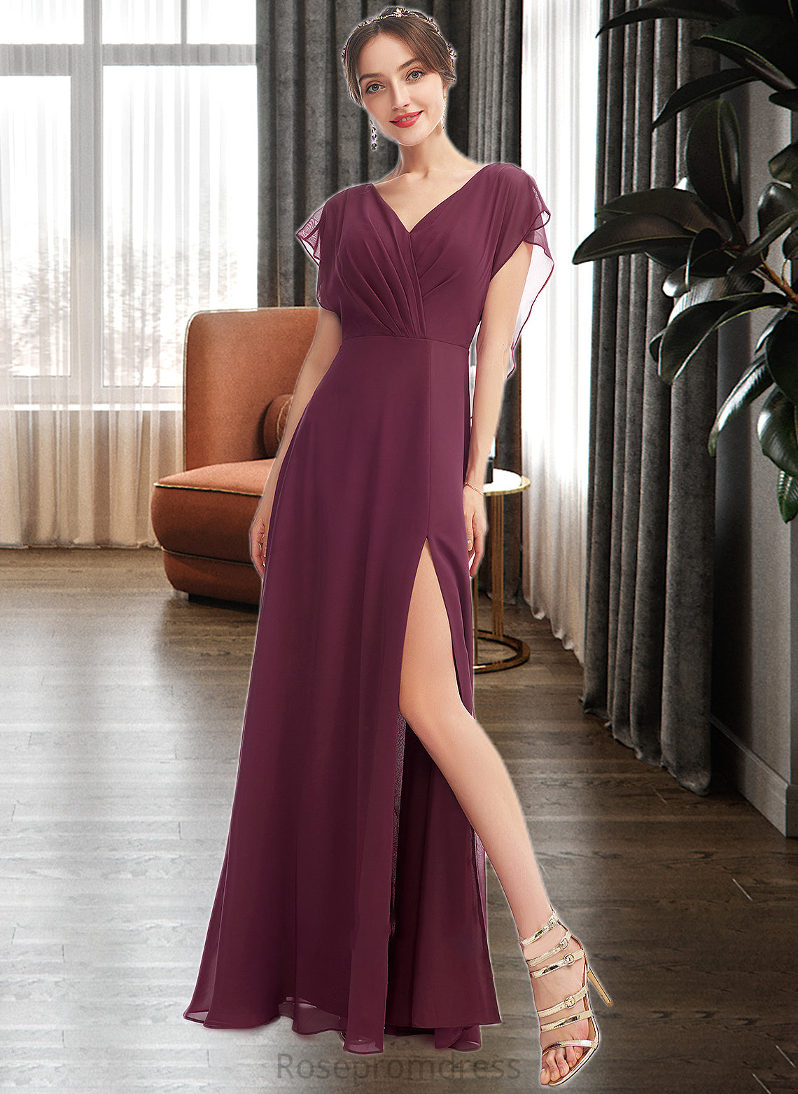 Shiloh A-Line V-neck Floor-Length Bridesmaid Dress With Ruffle Split Front SRSP0013276