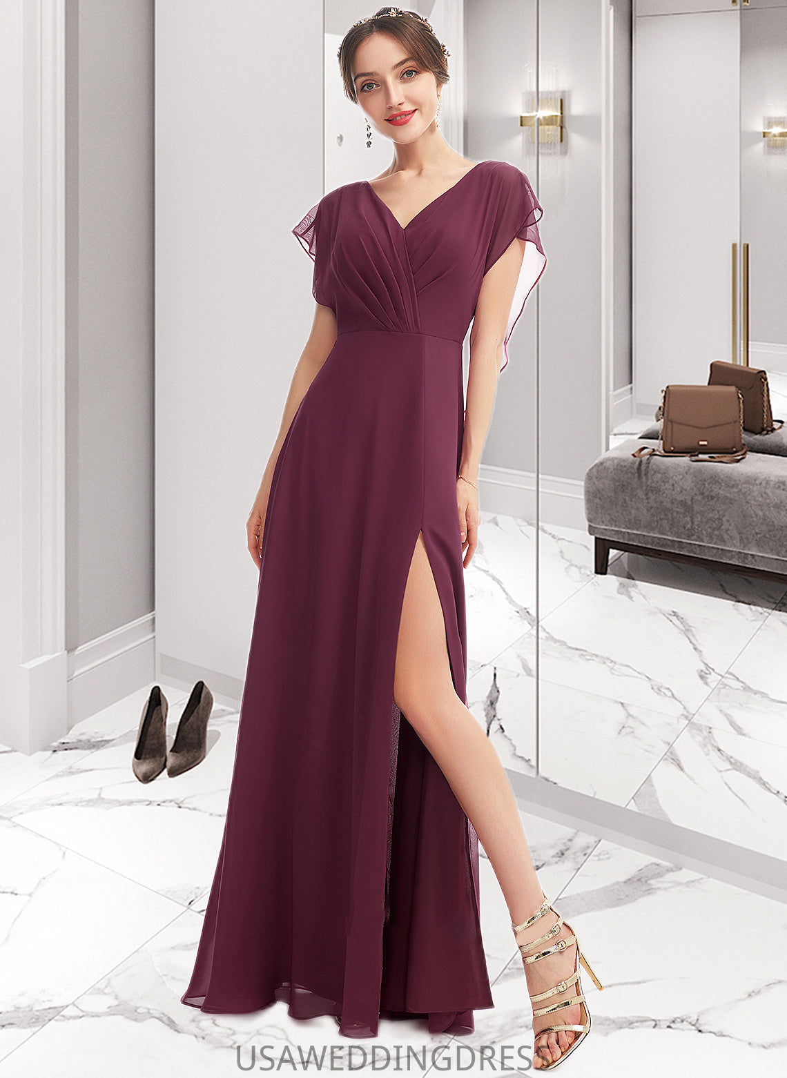 Adrianna A-Line V-neck Floor-Length Bridesmaid Dress With Ruffle Split Front DSP0013276