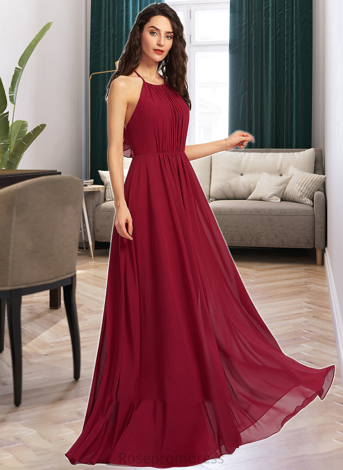 Lara A-Line Scoop Neck Floor-Length Bridesmaid Dress With Ruffle SRSP0013277