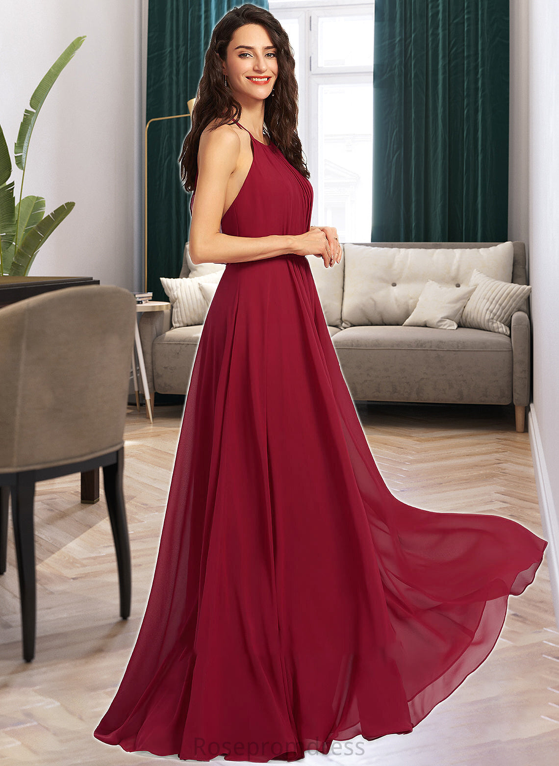 Lara A-Line Scoop Neck Floor-Length Bridesmaid Dress With Ruffle SRSP0013277