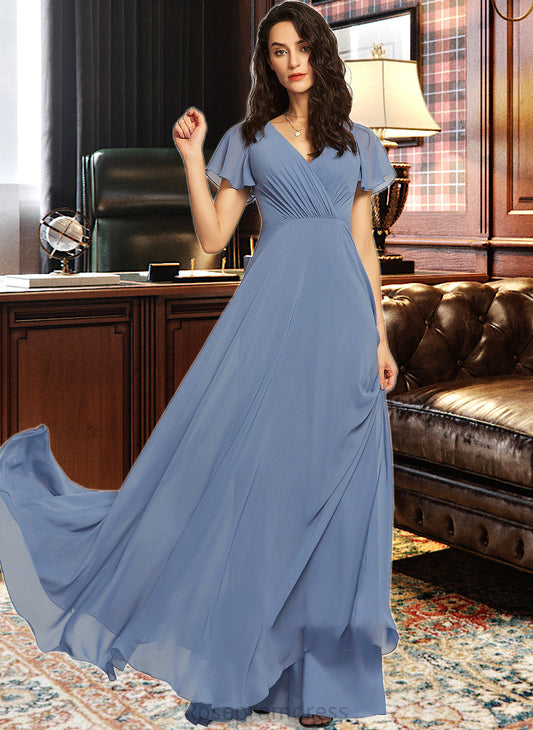 Daniela A-Line V-neck Floor-Length Bridesmaid Dress With Lace SRSP0013278