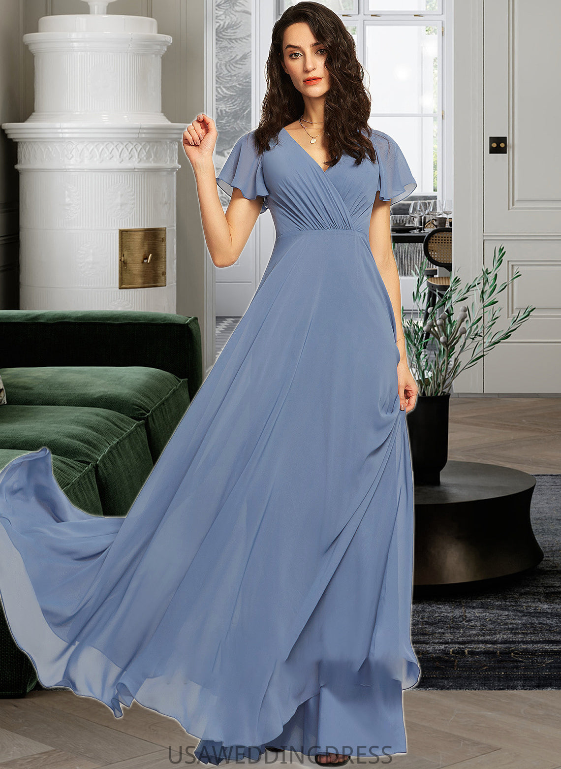 Veronica A-Line V-neck Floor-Length Bridesmaid Dress With Lace DSP0013278