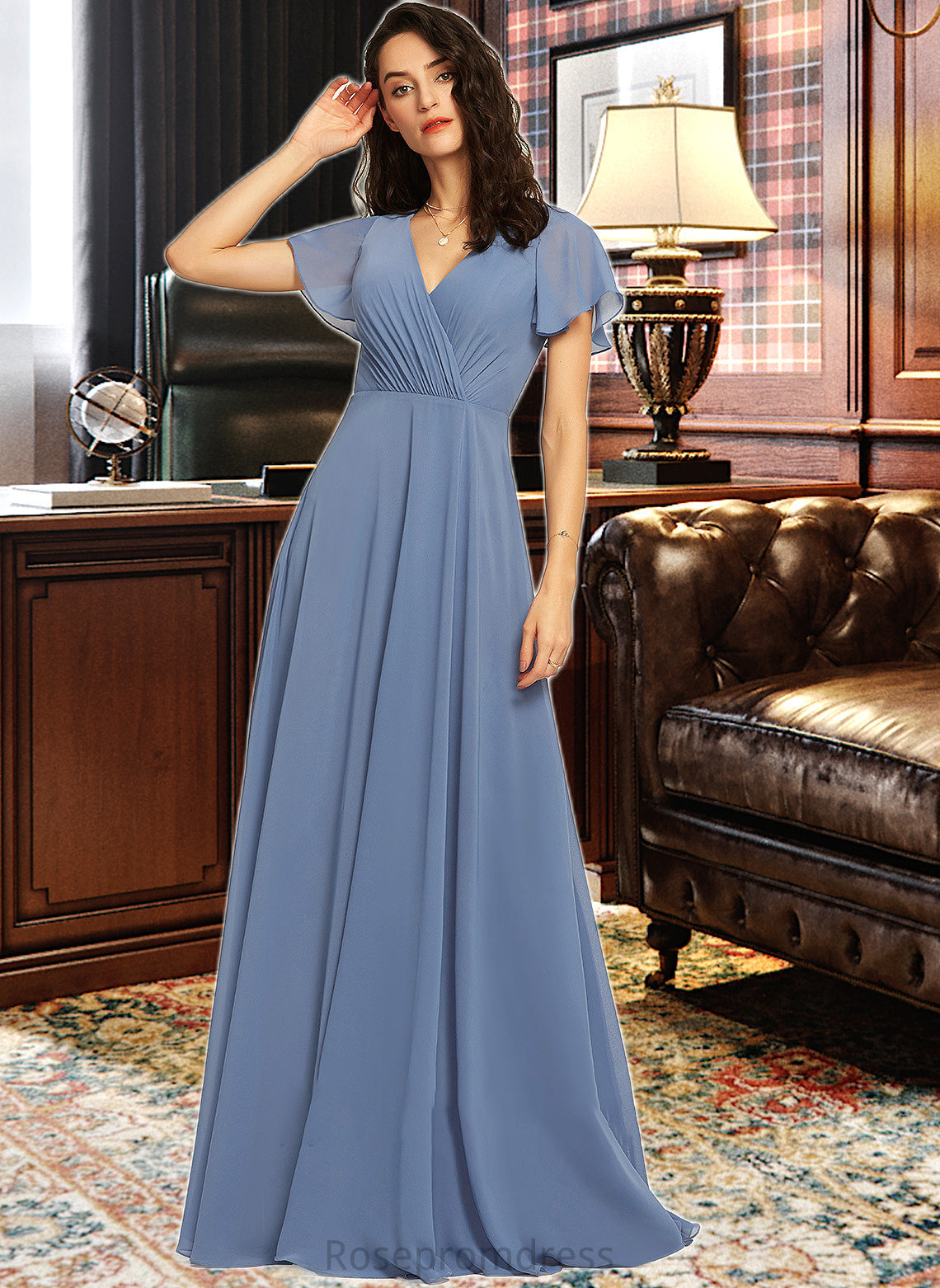 Daniela A-Line V-neck Floor-Length Bridesmaid Dress With Lace SRSP0013278