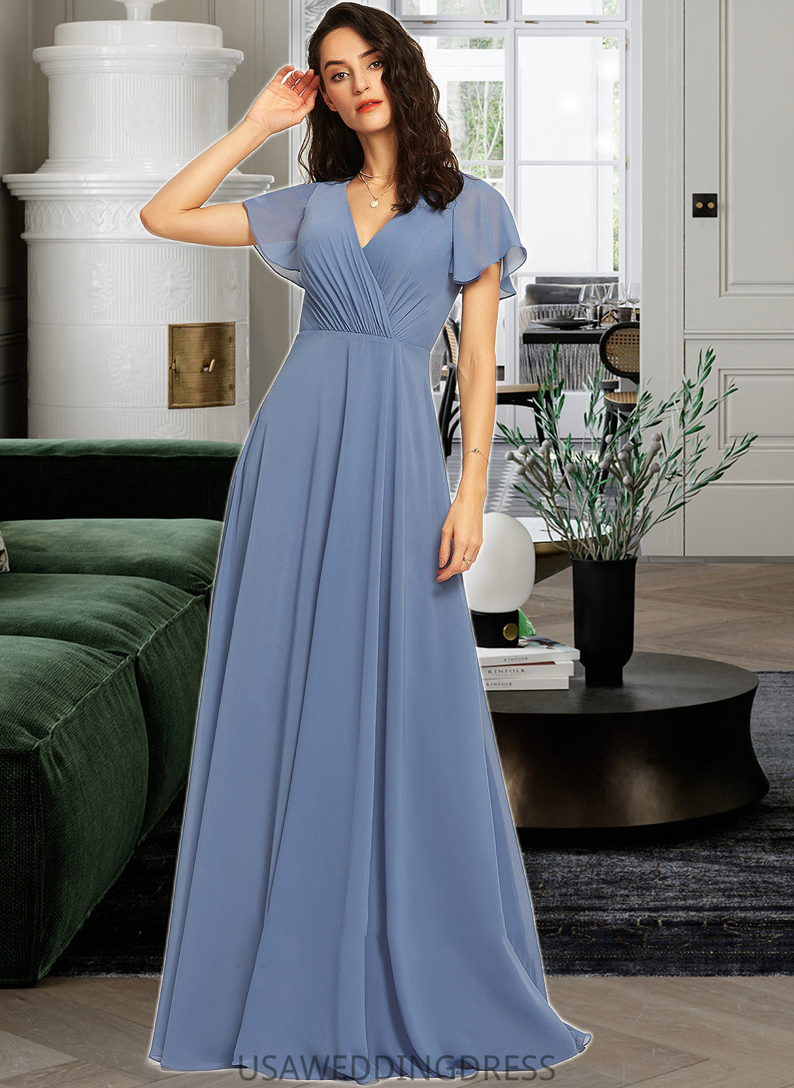 Veronica A-Line V-neck Floor-Length Bridesmaid Dress With Lace DSP0013278