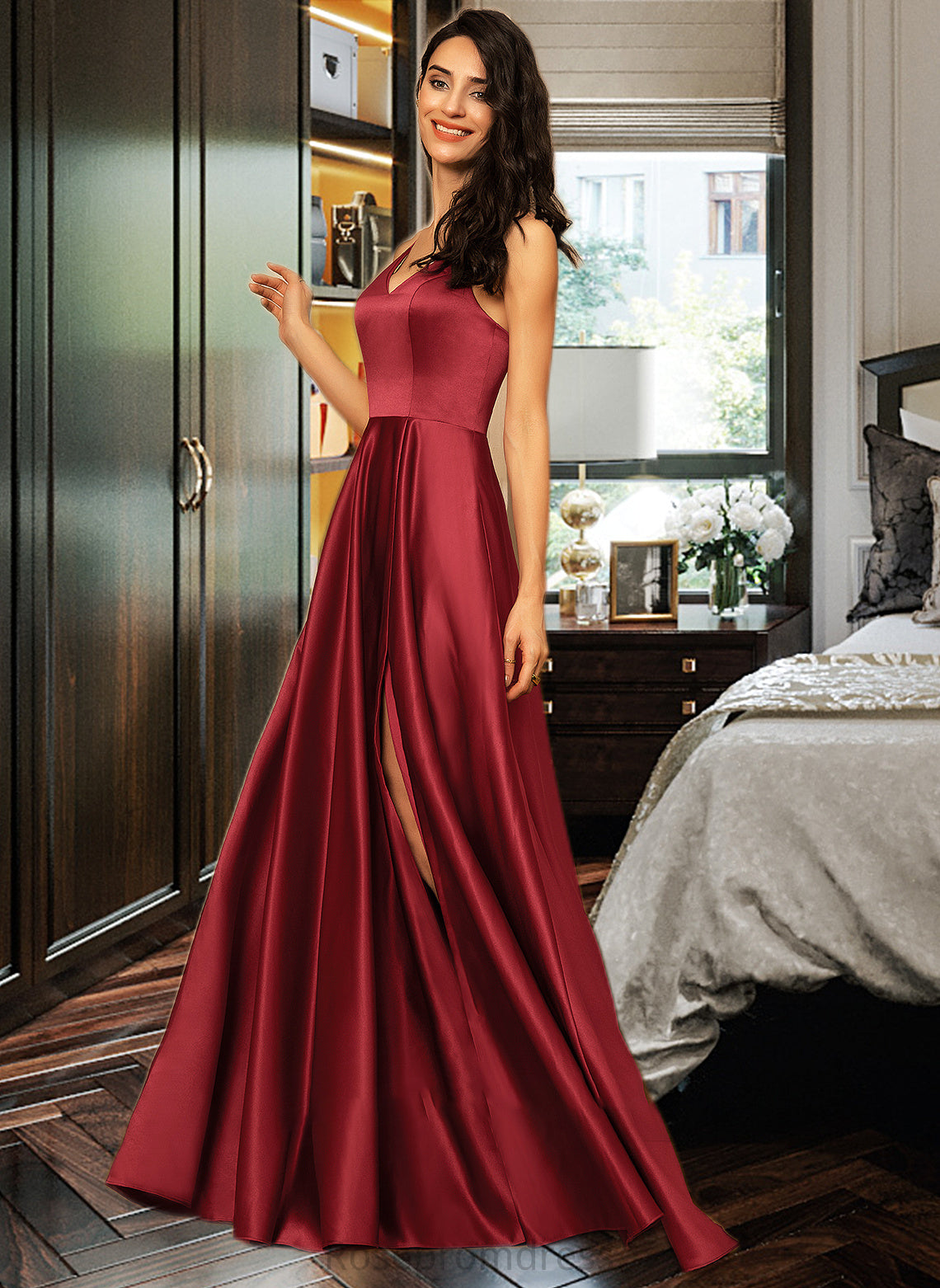 Ashlynn A-Line V-neck Floor-Length Satin Bridesmaid Dress With Pockets SRSP0013279