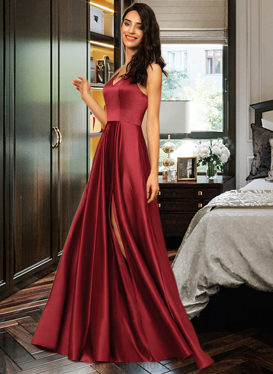 Ashlynn A-Line V-neck Floor-Length Satin Bridesmaid Dress With Pockets SRSP0013279