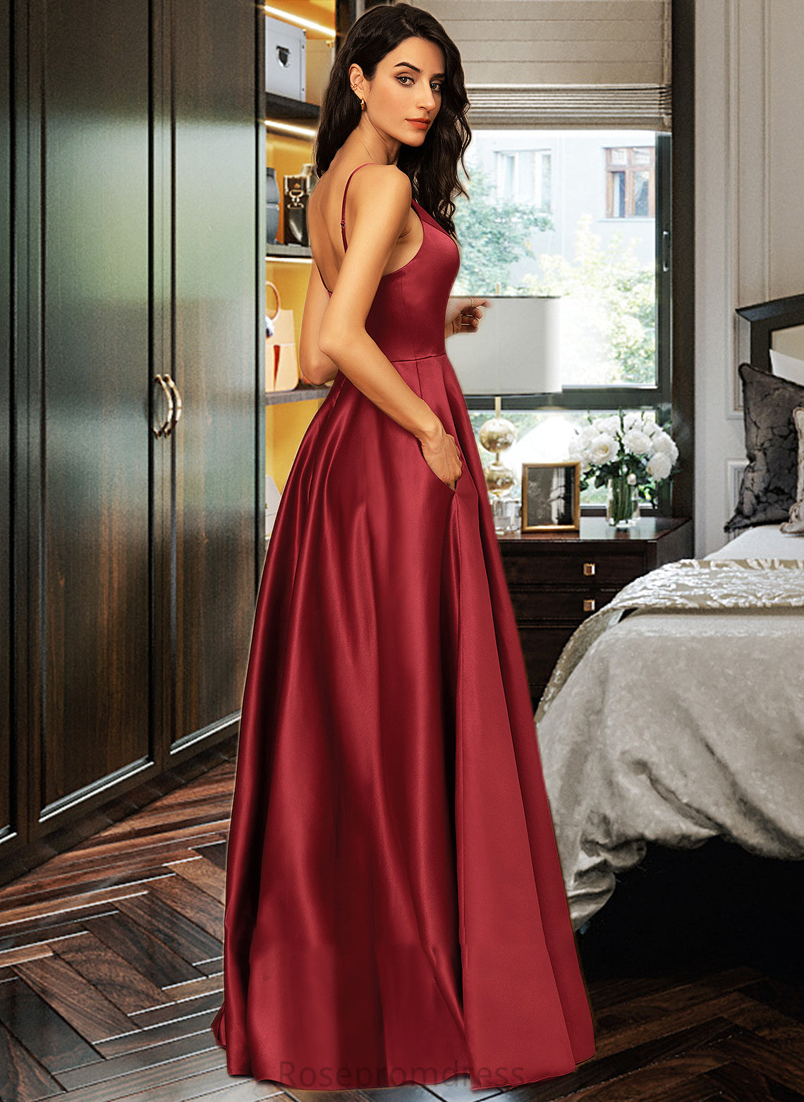Ashlynn A-Line V-neck Floor-Length Satin Bridesmaid Dress With Pockets SRSP0013279