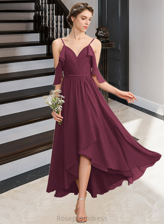 Katie A-Line V-neck Asymmetrical Chiffon Bridesmaid Dress With Cascading Ruffles SRSP0013280