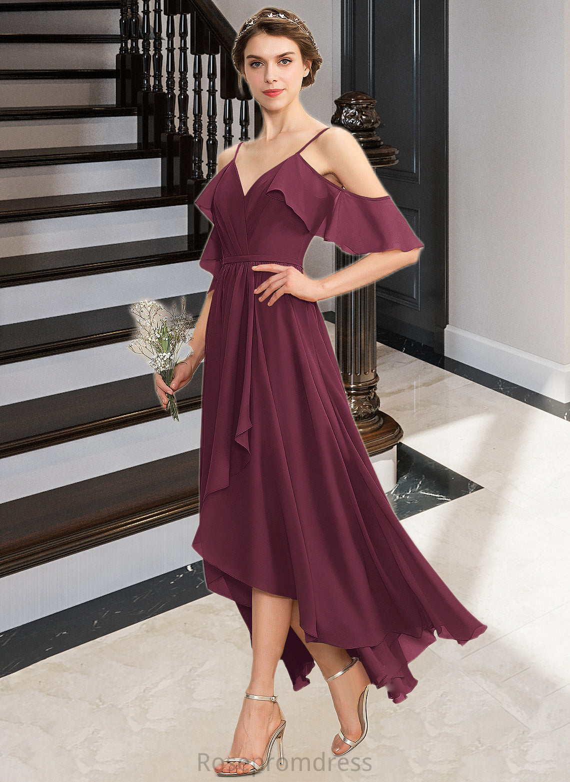 Katie A-Line V-neck Asymmetrical Chiffon Bridesmaid Dress With Cascading Ruffles SRSP0013280