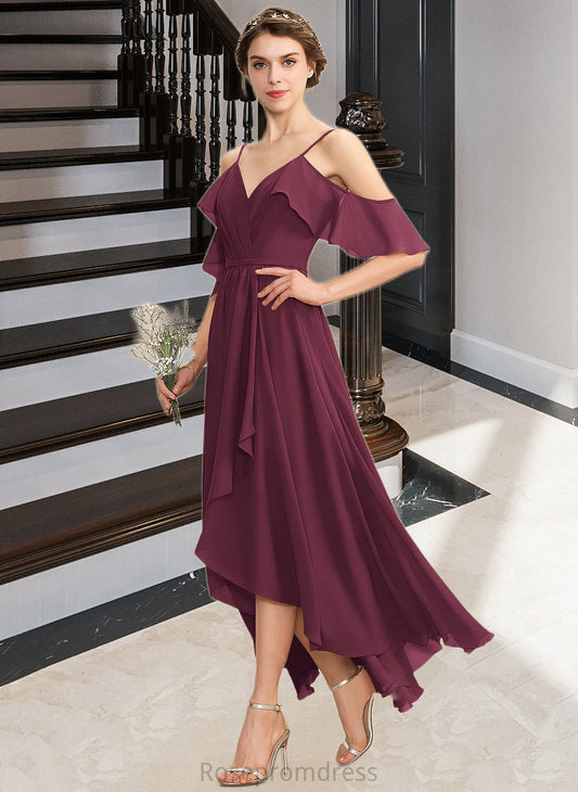 Katie A-Line V-neck Asymmetrical Chiffon Bridesmaid Dress With Cascading Ruffles SRSP0013280