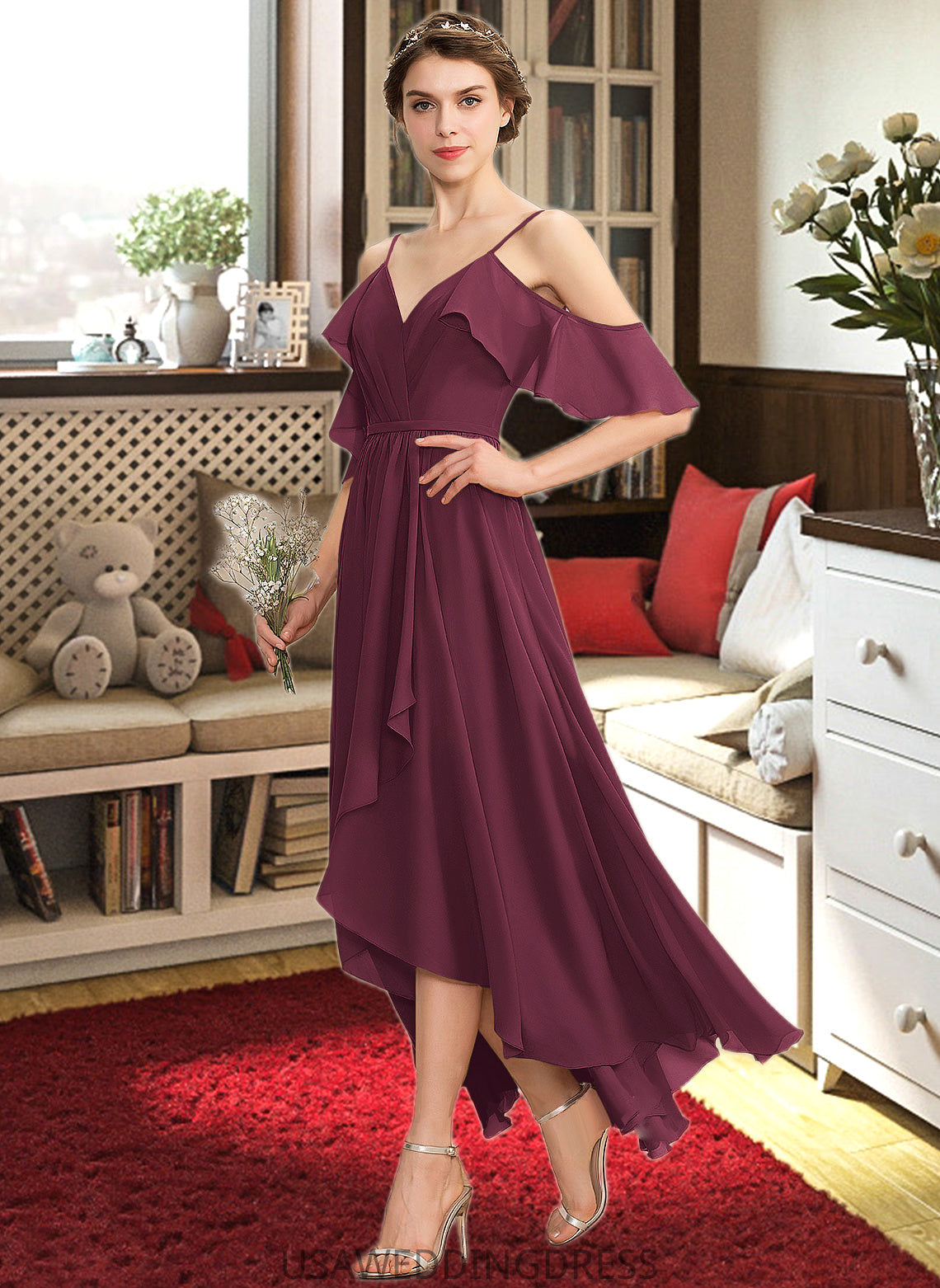 Miracle A-Line V-neck Asymmetrical Chiffon Bridesmaid Dress With Cascading Ruffles DSP0013280
